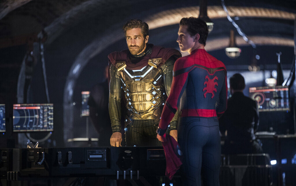 Jake Gyllenhaal, left, and Tom Holland work together in "Spider-Man: Far From Home."