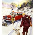 Illustration shows hunter dragging deer through snow toward station wagon.