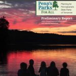 Report cover for Penn's Parks shows five people silhouetted on a dock facing a lake at sunset.