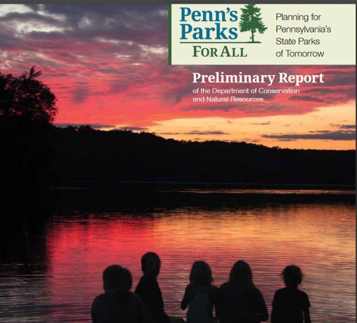 Report cover for Penn's Parks shows five people silhouetted on a dock facing a lake at sunset.