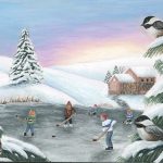 January calendar art of kids playing hockey on a frozen pond.