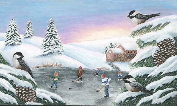 January calendar art of kids playing hockey on a frozen pond.