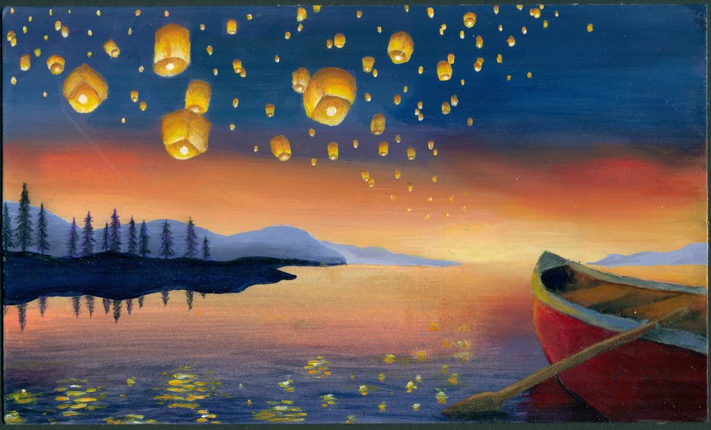 Painting of fireflies at lake
