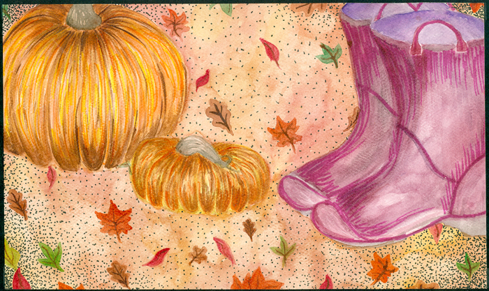 Painting of pumpkins and boots